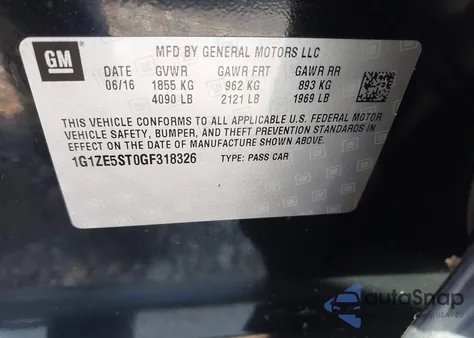 2016 Chevrolet Malibu 1Lt из США, поврежденный, VIN 1G1ZE5ST0GF318326